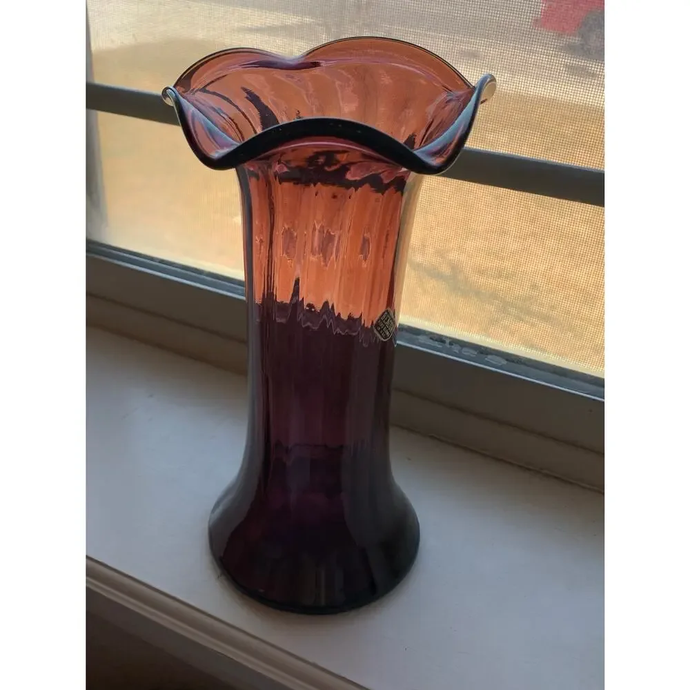 Vintage Beacon Purple Amethyst Blown Glass Vase Ruffled rim